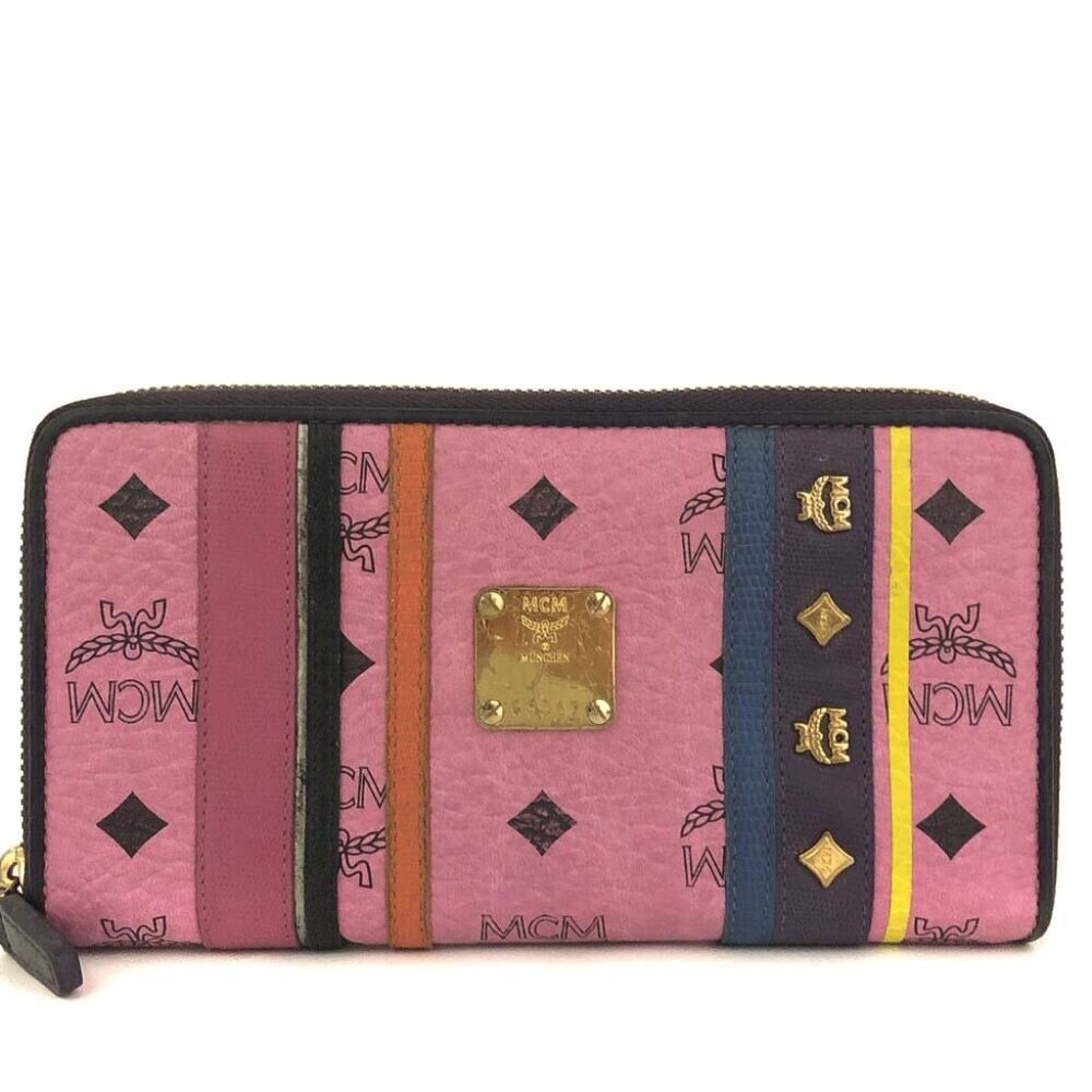 MCM Pink Logo Zip Wallet with Multicolor Stripe Accents